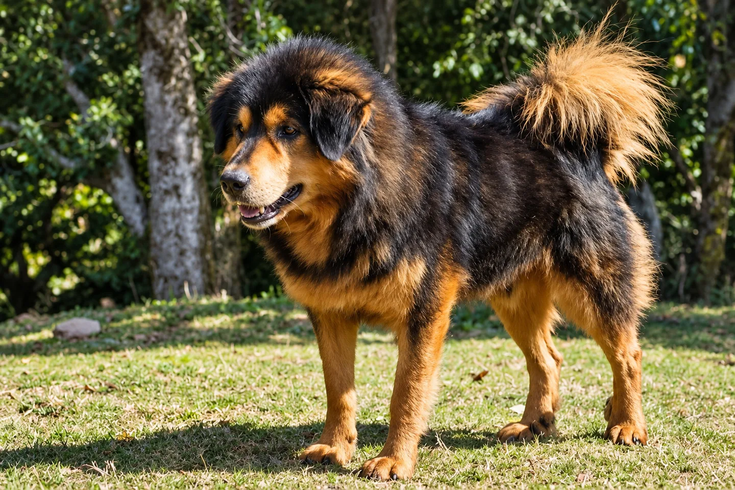 A Himalayan Dog (Bhotekukur), the long-haired Himalayan guardian dog, standing outdoors