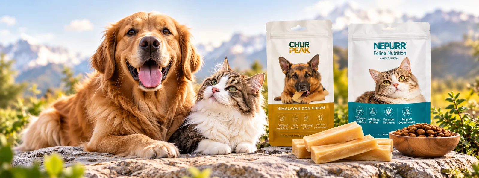 A golden retriever and a tabby cat resting together with mountains behind them